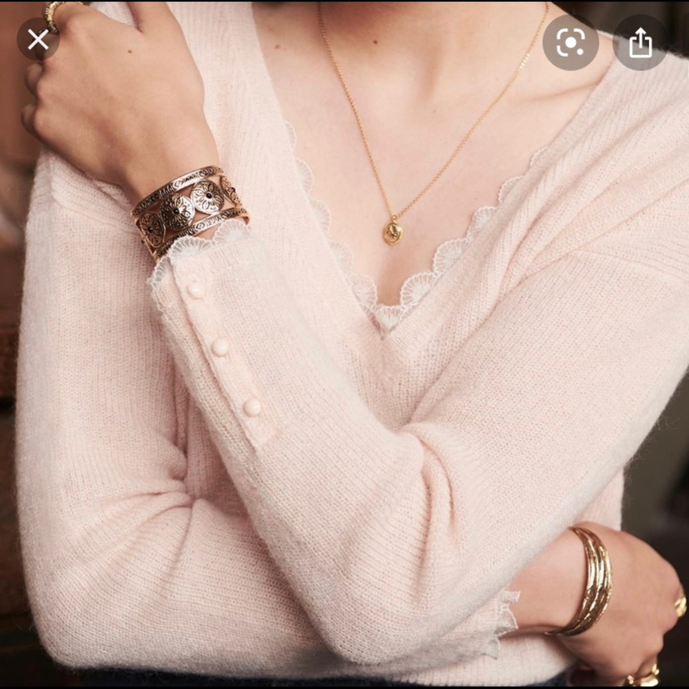 Sezane Lace Button V-Neck Sweater